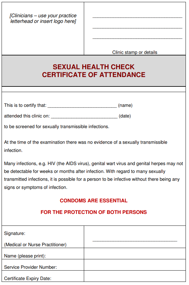 Sexual Health Check Certificate Respect Qld 4554