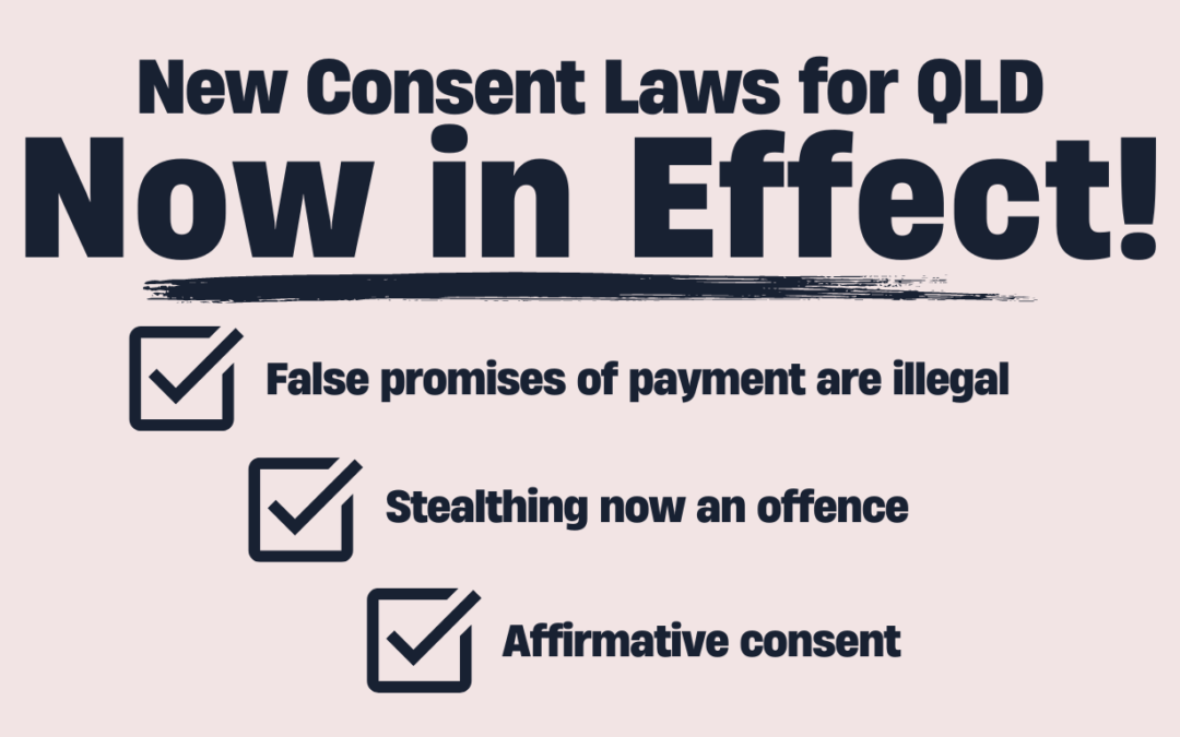 Image with the text "New consent laws in QLD now in effect! - False promises of payment are illegal - Stealthing now an offence - Affirmative consent